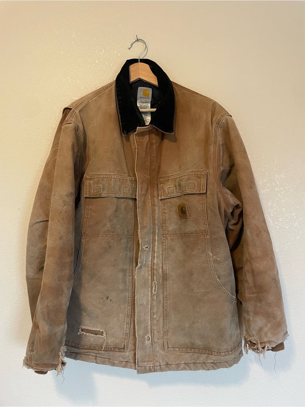 Carhartt Tan Brown Duck Canvas Jacket with Black Corduroy Collar